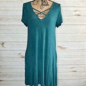 Teal Short Sleeve Crisscross Neck Dress with Pockets - NWOT
